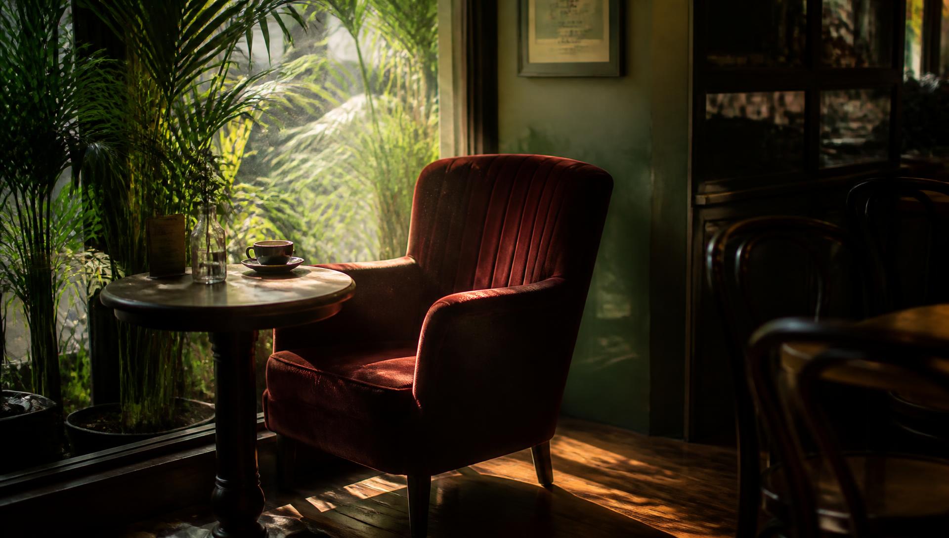 Fauteuil en velours près d'une fenêtre, tasse de café et plantes tropicales