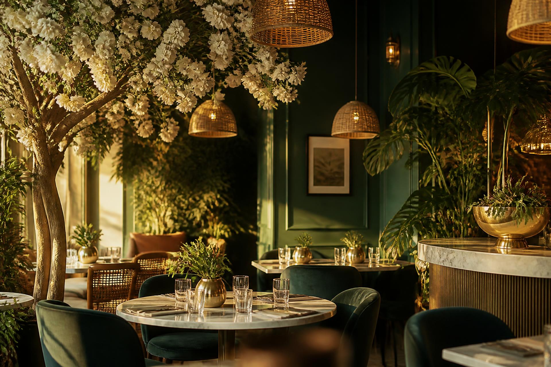 Salle du café The Ridge, feuillage tropical et lampes en rotin dans une lumière dorée