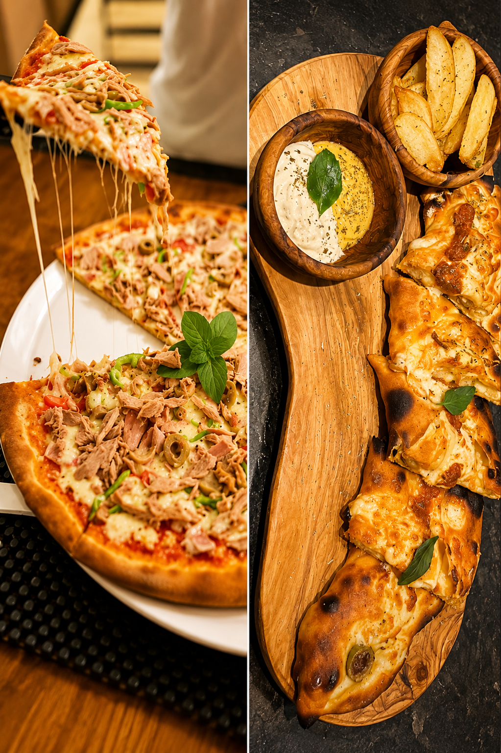 Pizza garnie au thon et calzone doré avec frites rustiques